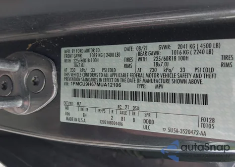 2021 Ford Escape Sel из США, поврежденный, VIN 1FMCU9H67MUA12106